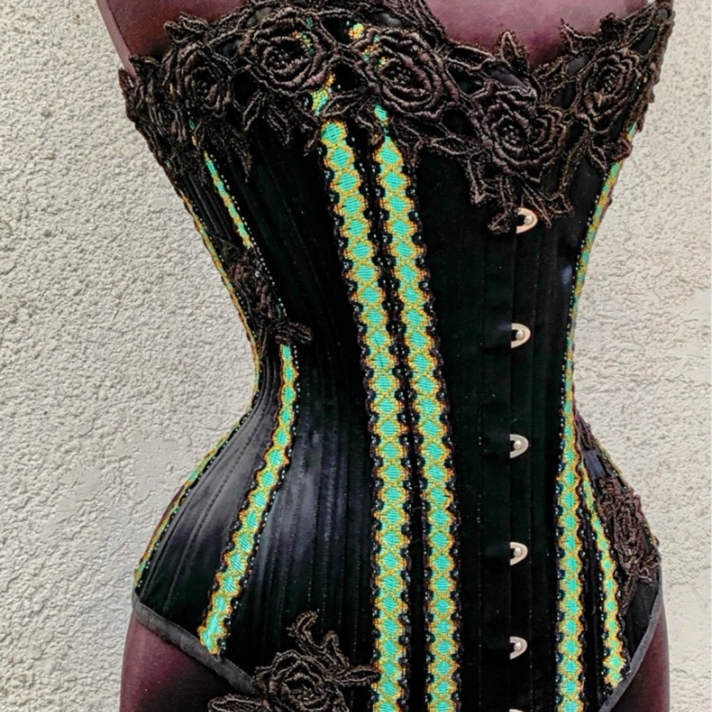 Black Corset with Floral Lace and Stripes